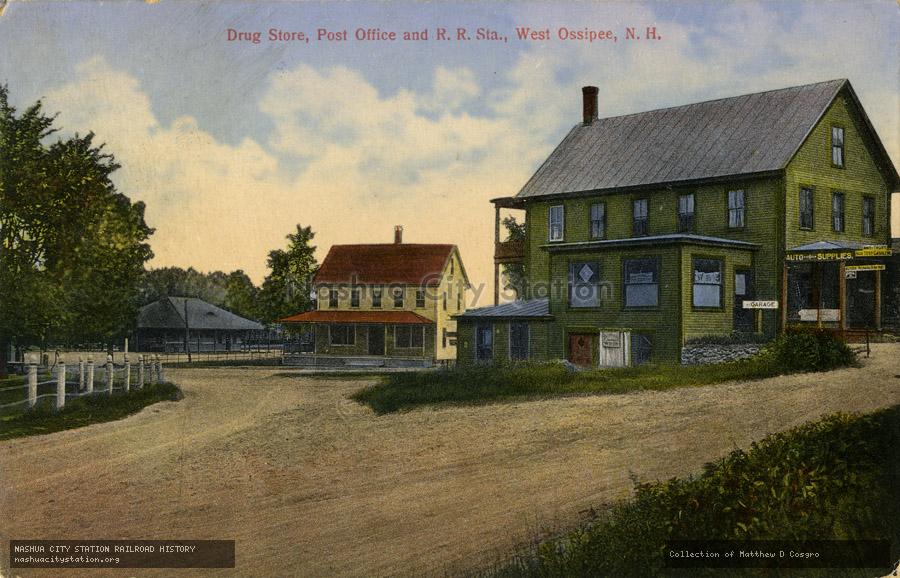 Postcard: Drug Store, Post Office and Railroad Station, West Ossipee, New Hampshire